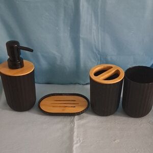 New Dark Brown and Tan Bamboo Bathroom Accessory Set